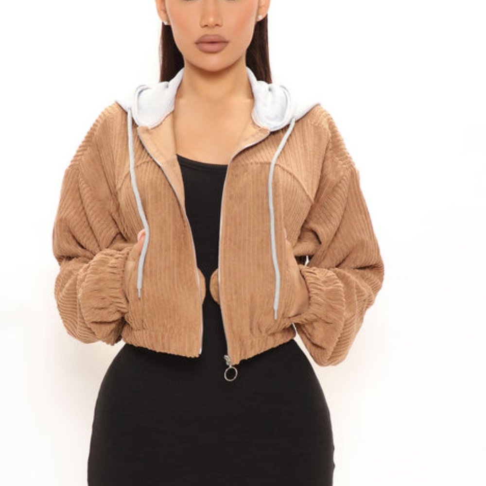 Great Womens Corduroy Front Zip Hooded Jacket Light Brown - Picture 1 of 4